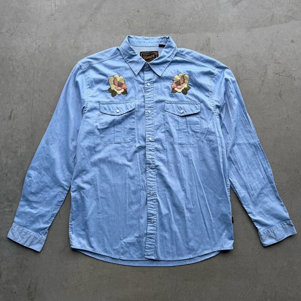 Howler Bros Mens L Gaucho Snap Shirt Pearl Western Irie Hibiscus Floral Flower - Picture 2 of 14